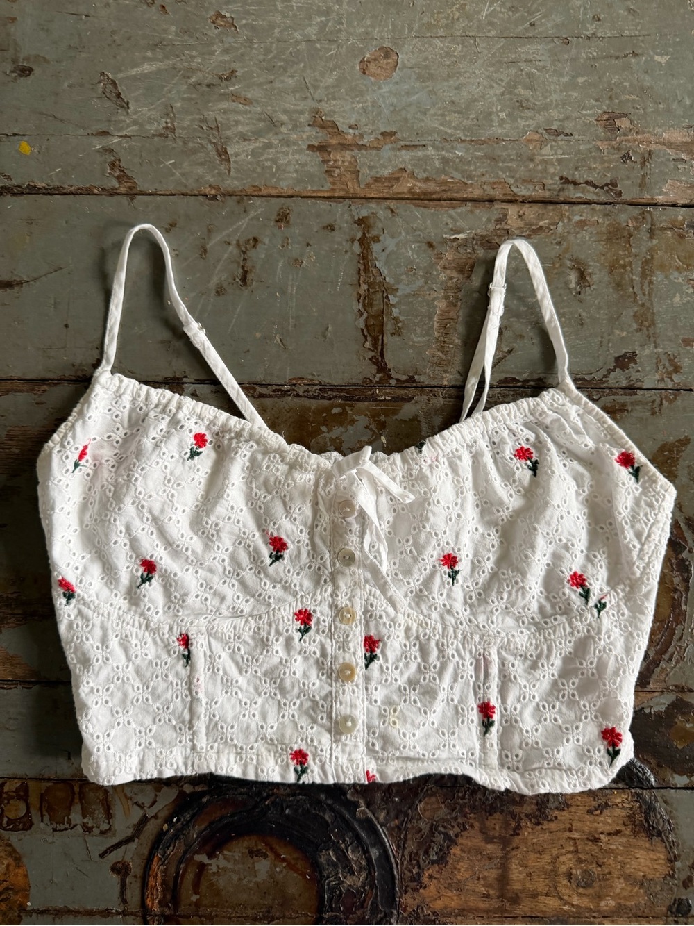 Altar'd State White Eyelet Corset Camisole with Red Rose Embroidery